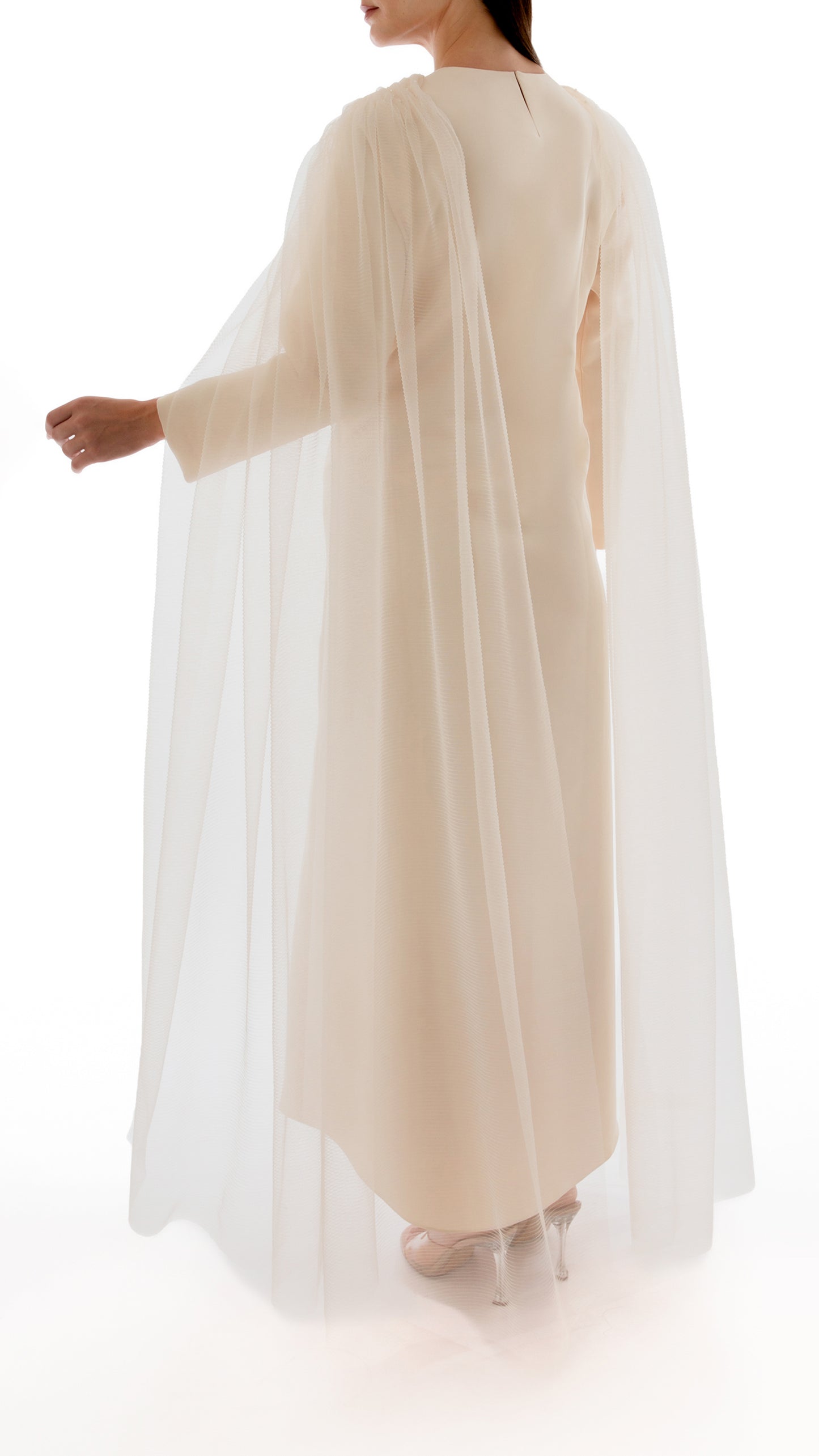 Embellished Pleated Tulle Cape and Evening Dress Ensemble