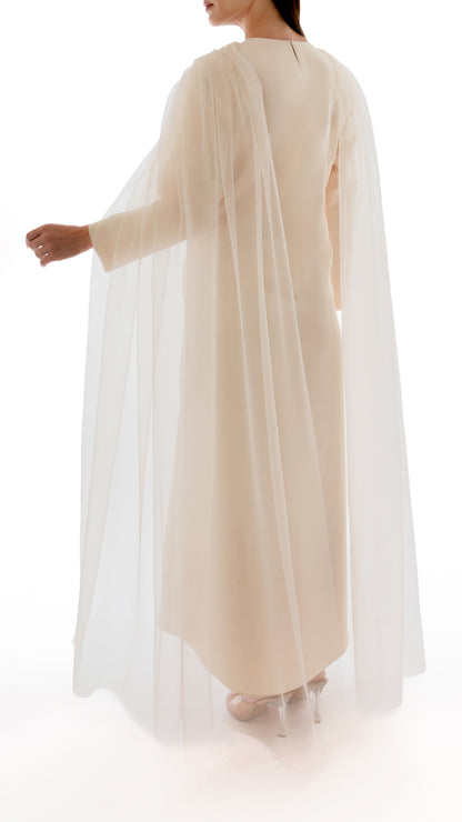 Embellished Pleated Tulle Cape and Evening Dress Ensemble