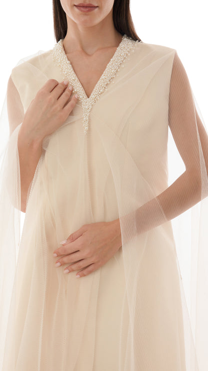 Pearl Embellished Drape Detail Cape Dress