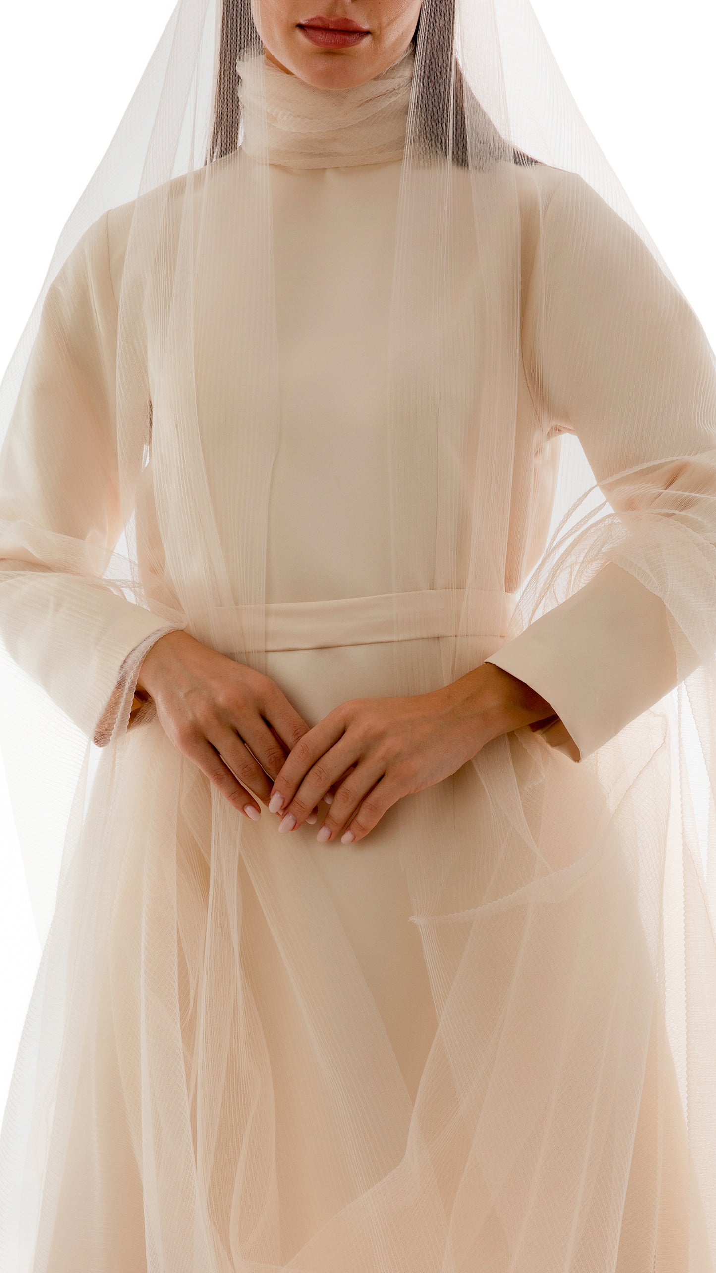 Gathered Neck Detail Evening Dress and Tulle Veil Ensemble