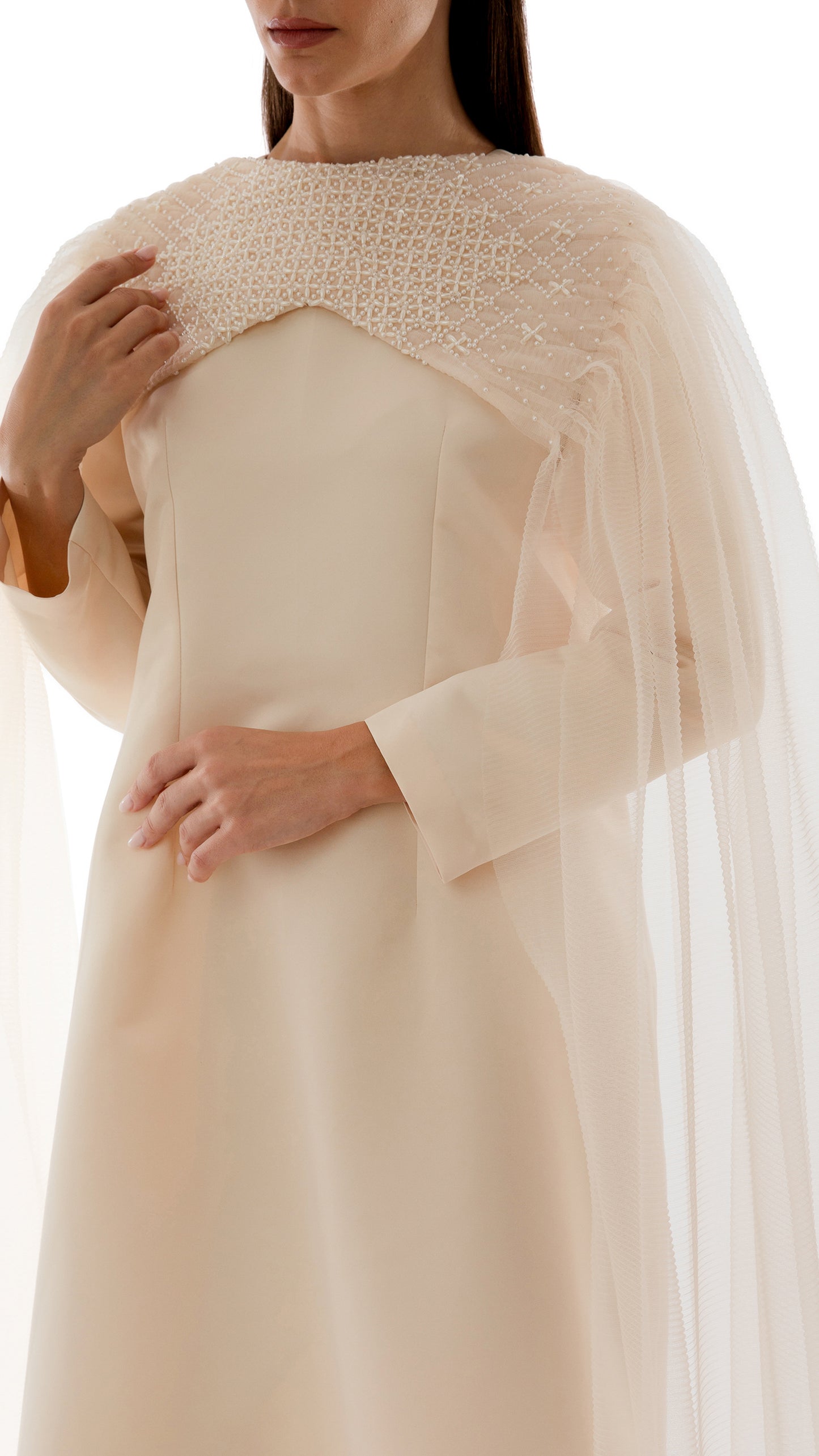 Embellished Pleated Tulle Cape and Evening Dress Ensemble