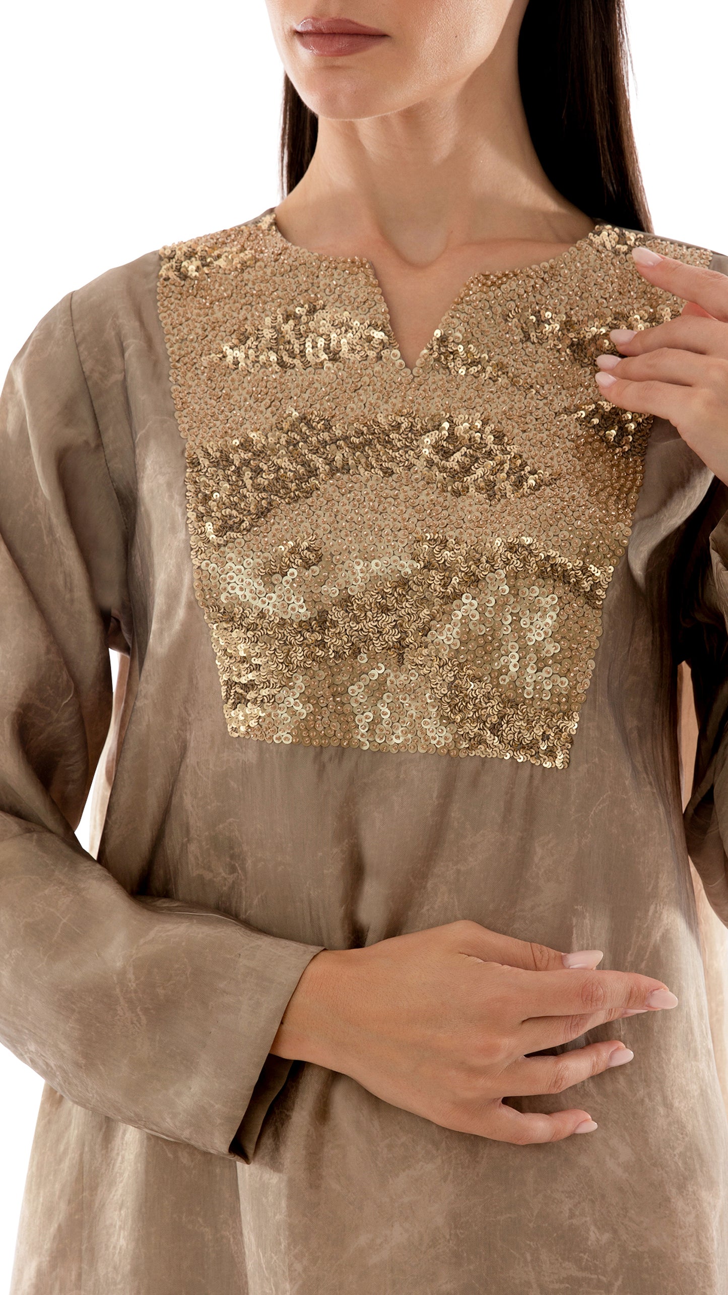 Sequin Embellished Split Neck Dress with Inner Dress