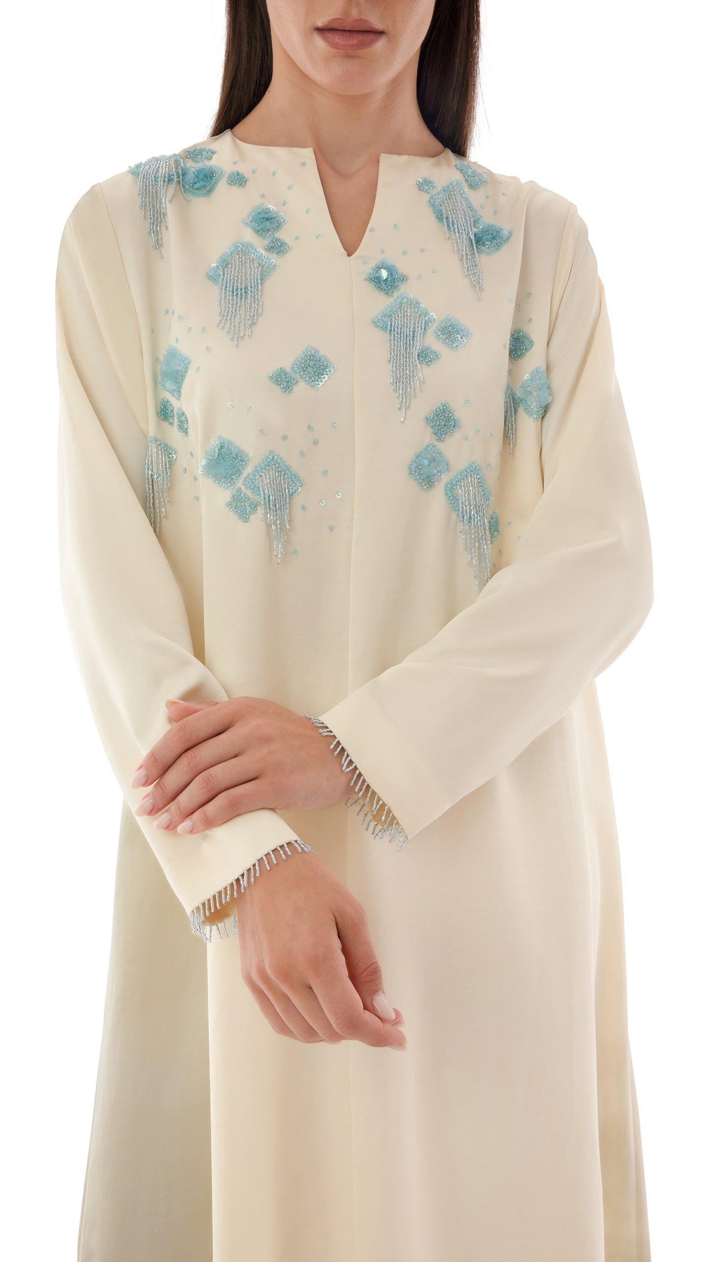 Embroidered Tassel Detail Split Neck Dress