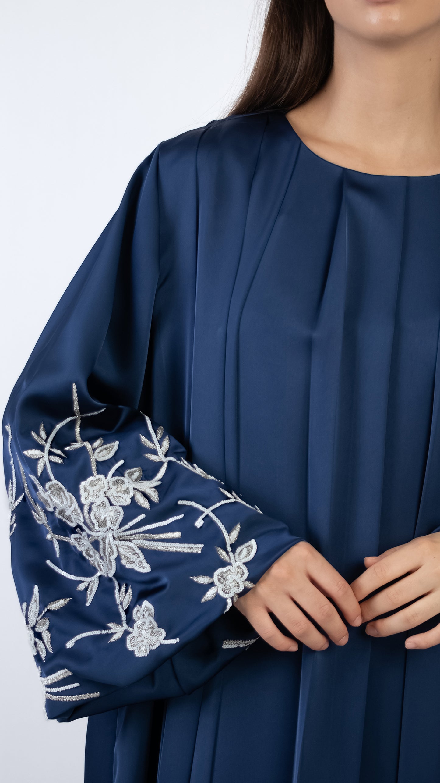 Floral Embroidered Lantern Sleeve Pleat Detail Dress
