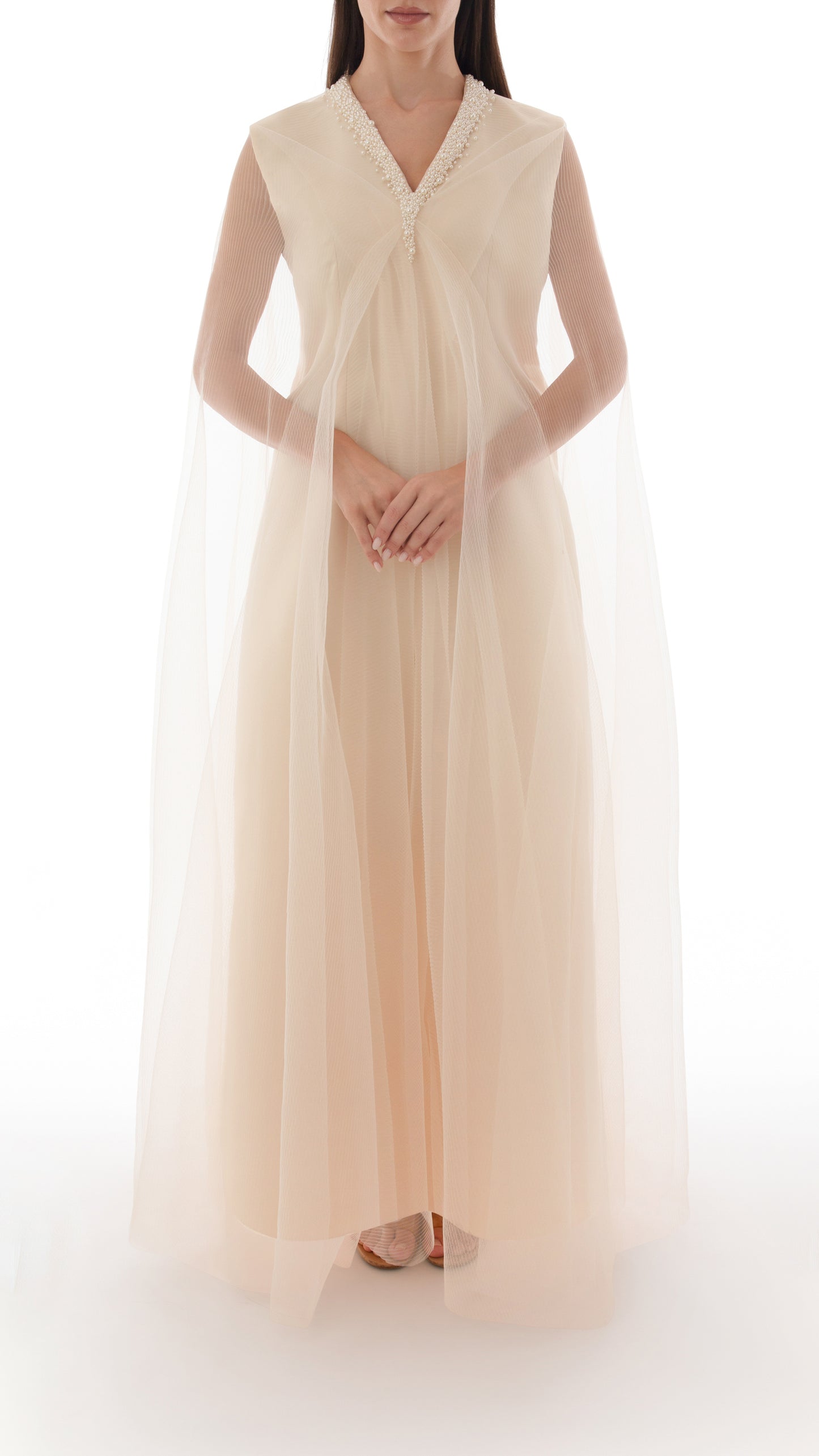 Pearl Embellished Drape Detail Cape Dress