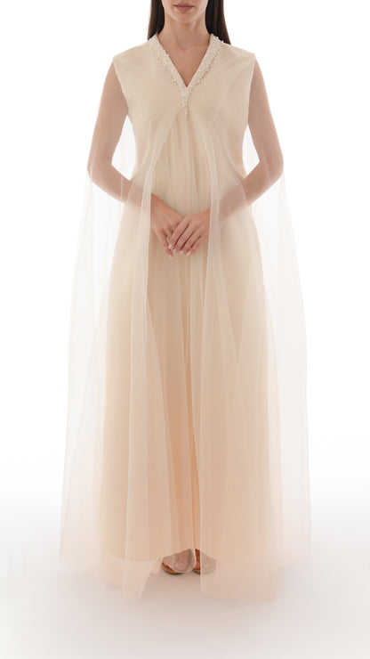 Pearl Embellished Drape Detail Cape Dress