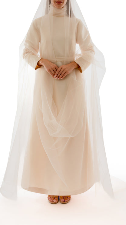 Gathered Neck Detail Evening Dress and Tulle Veil Ensemble