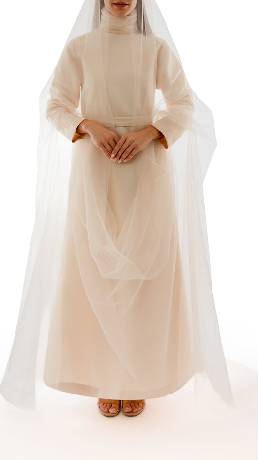 Gathered Neck Detail Evening Dress and Tulle Veil Ensemble