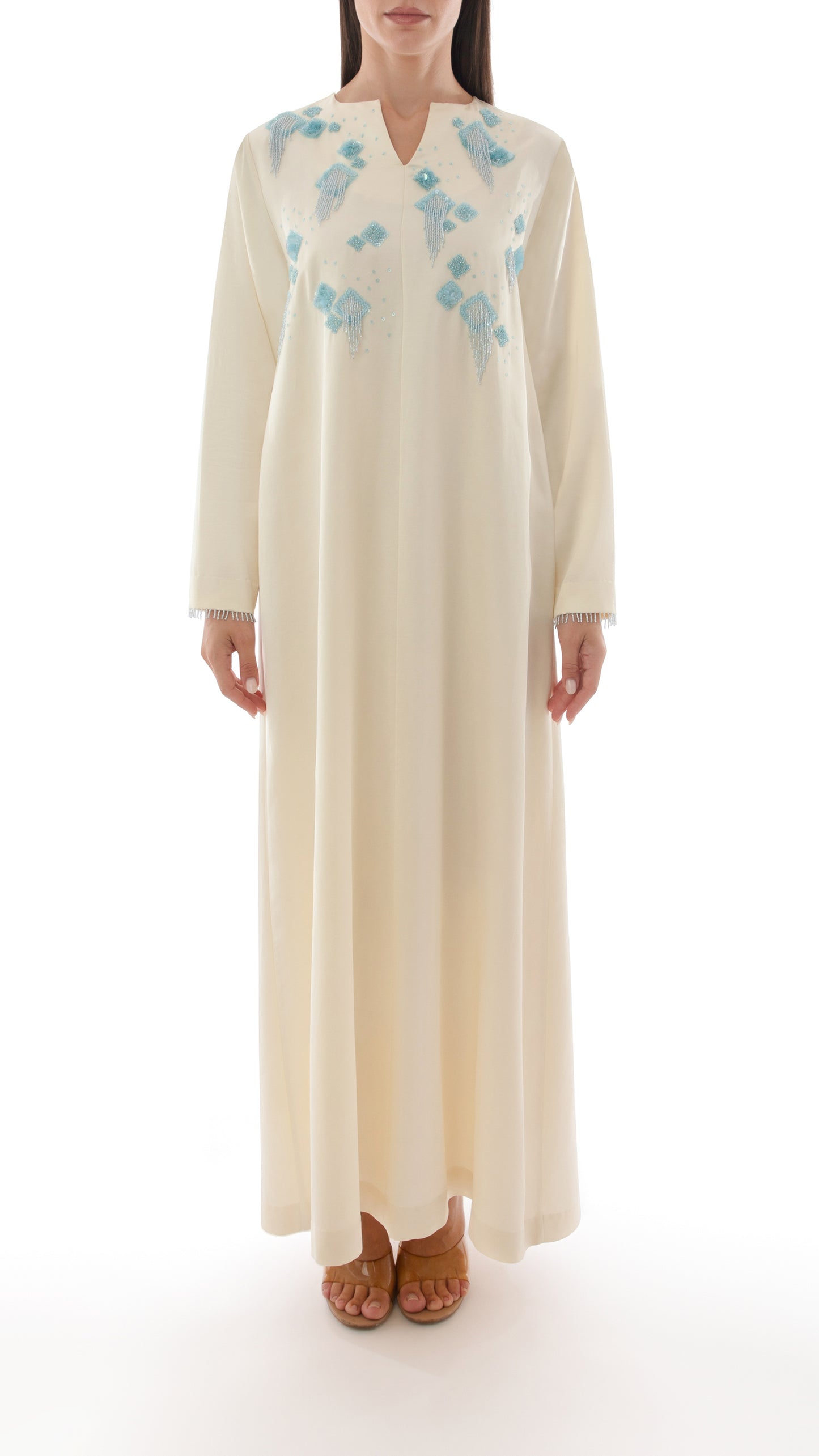 Embroidered Tassel Detail Split Neck Dress