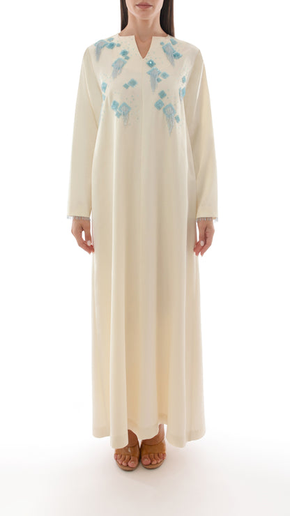 Embroidered Tassel Detail Split Neck Dress