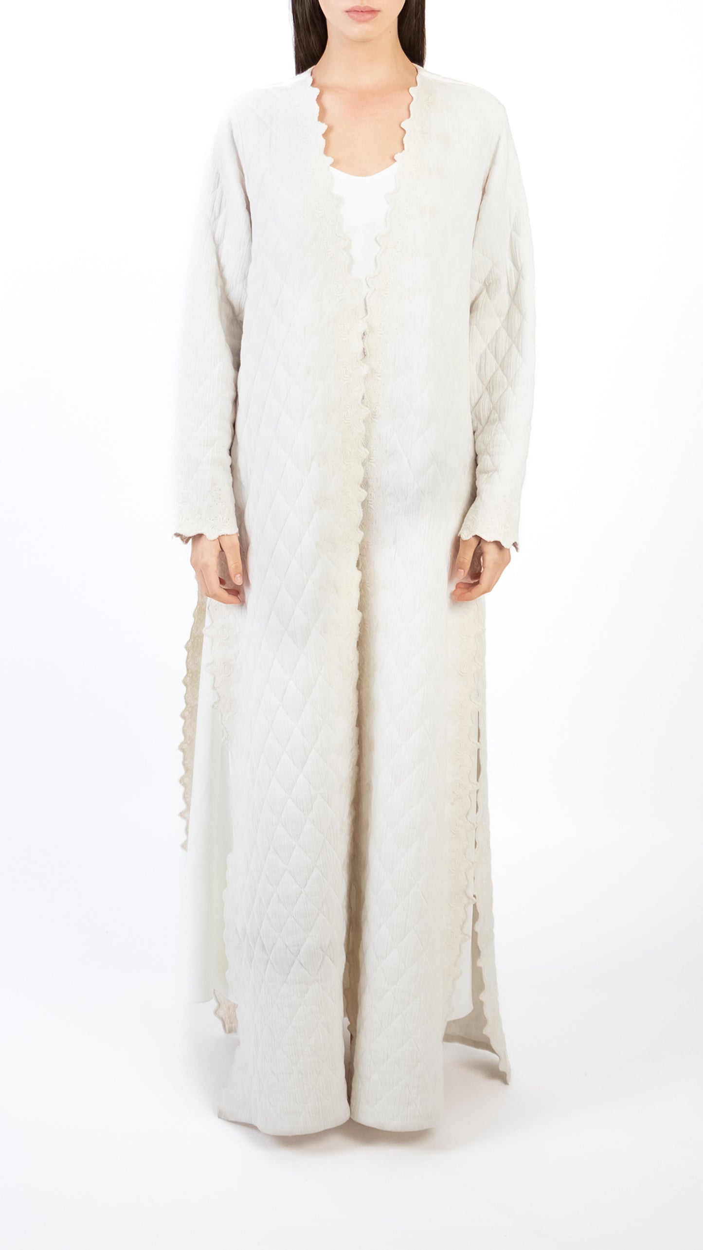 Scallop Embroidered Quilt Detail Long Coat