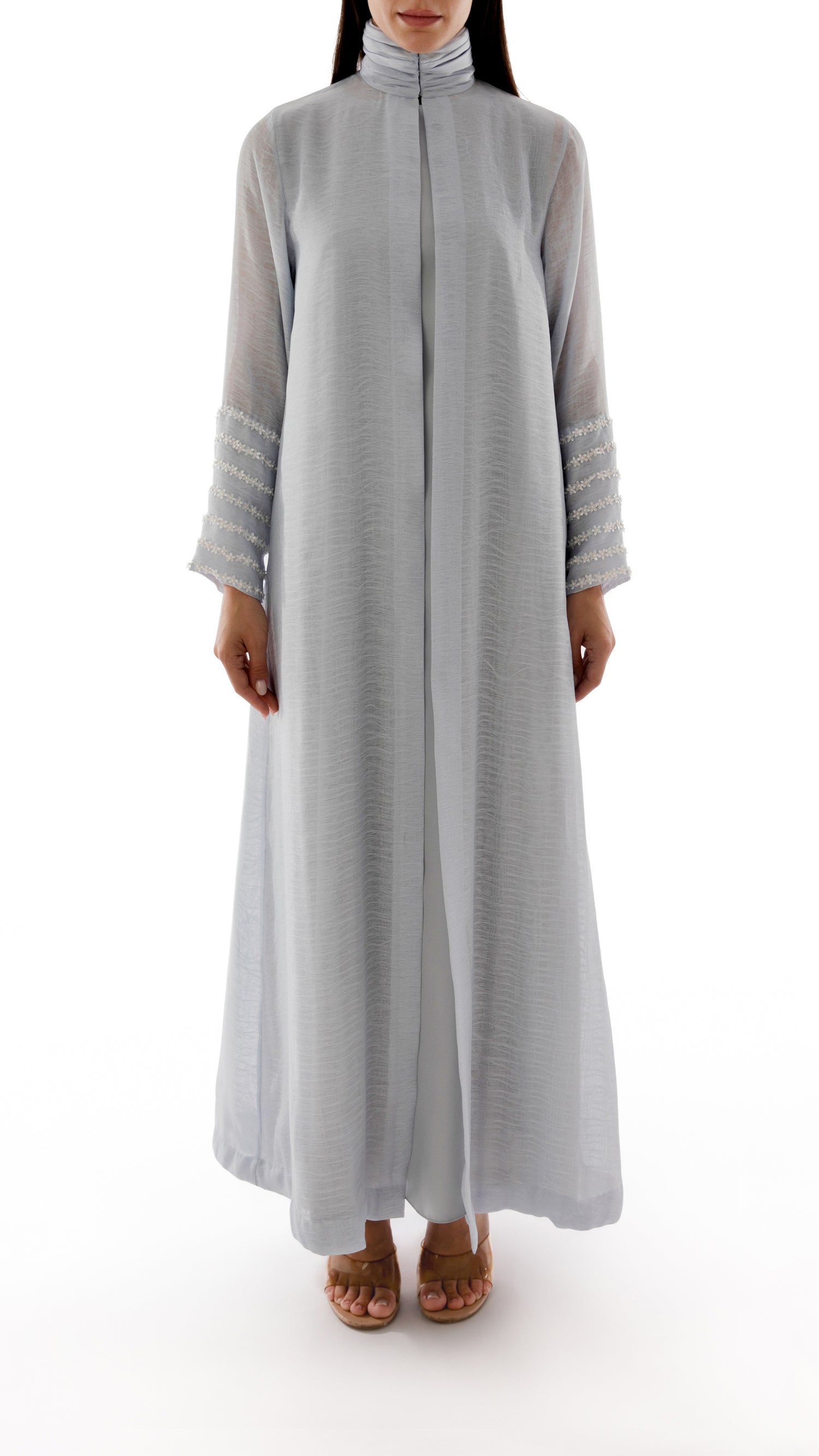 Embroidered Gathered Neck Detail Coat Dress with Inner Dress