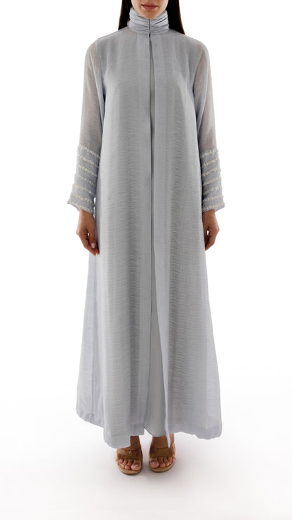 Embroidered Gathered Neck Detail Coat Dress with Inner Dress