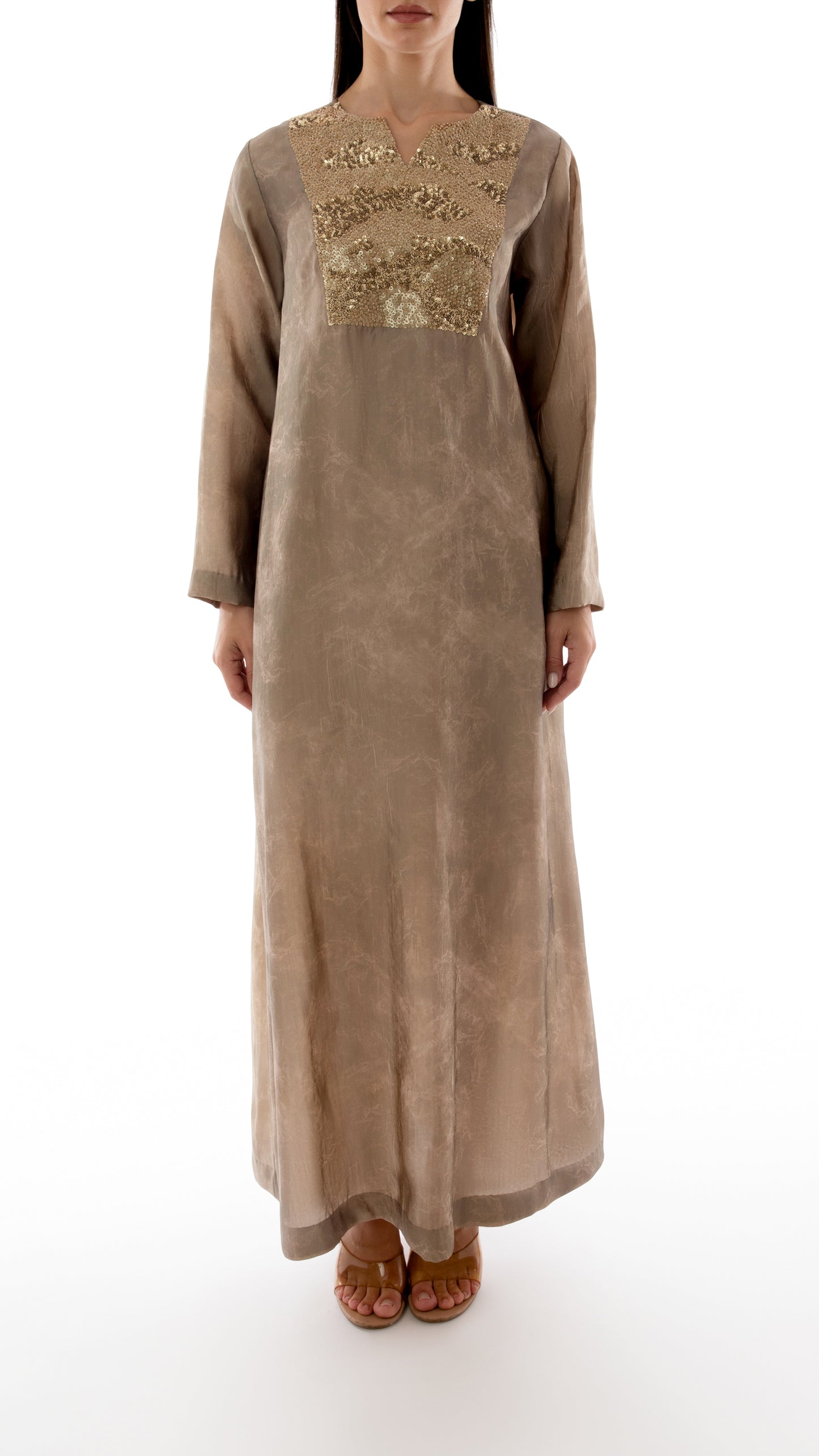 Sequin Embellished Split Neck Dress with Inner Dress