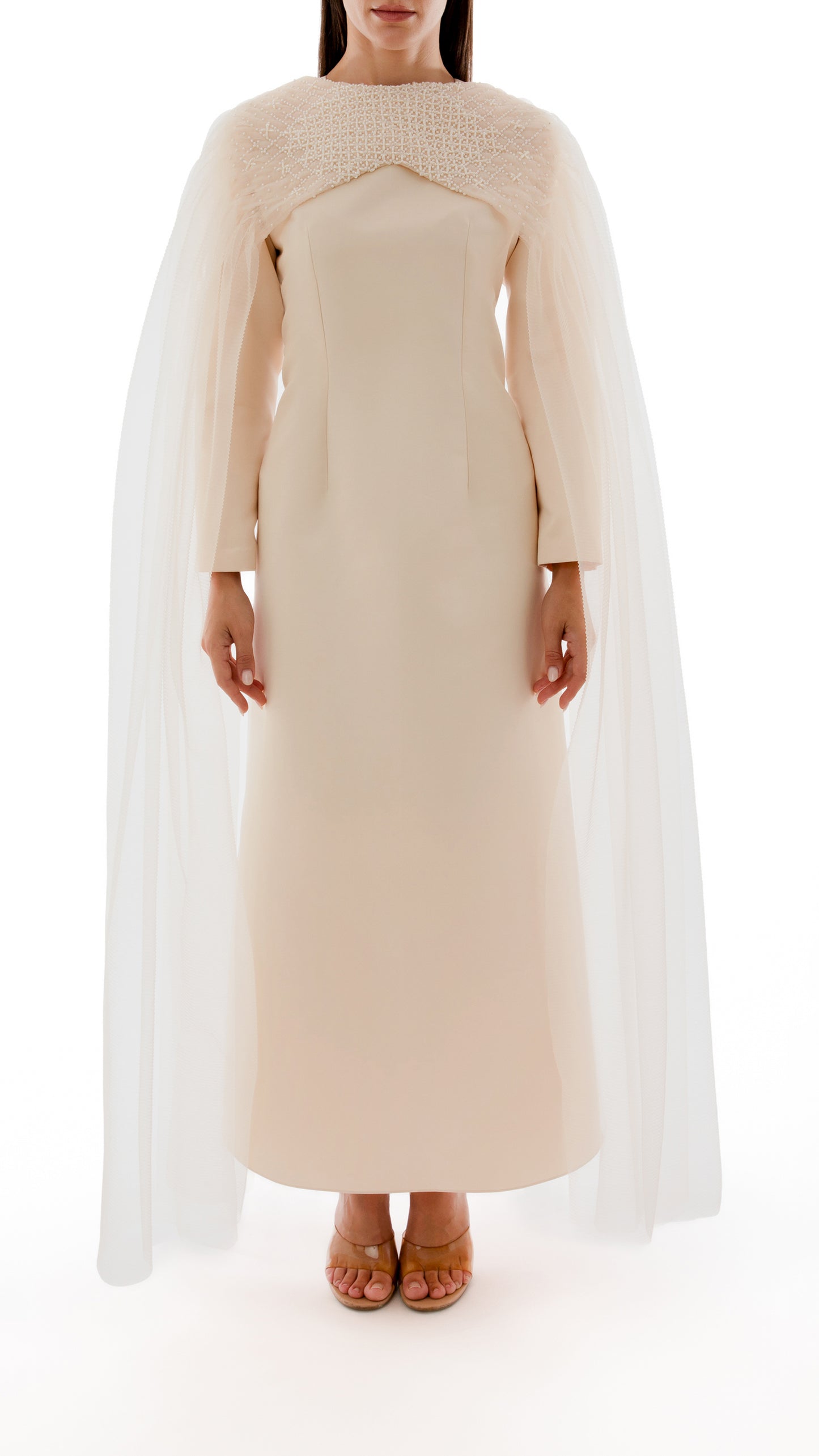 Embellished Pleated Tulle Cape and Evening Dress Ensemble