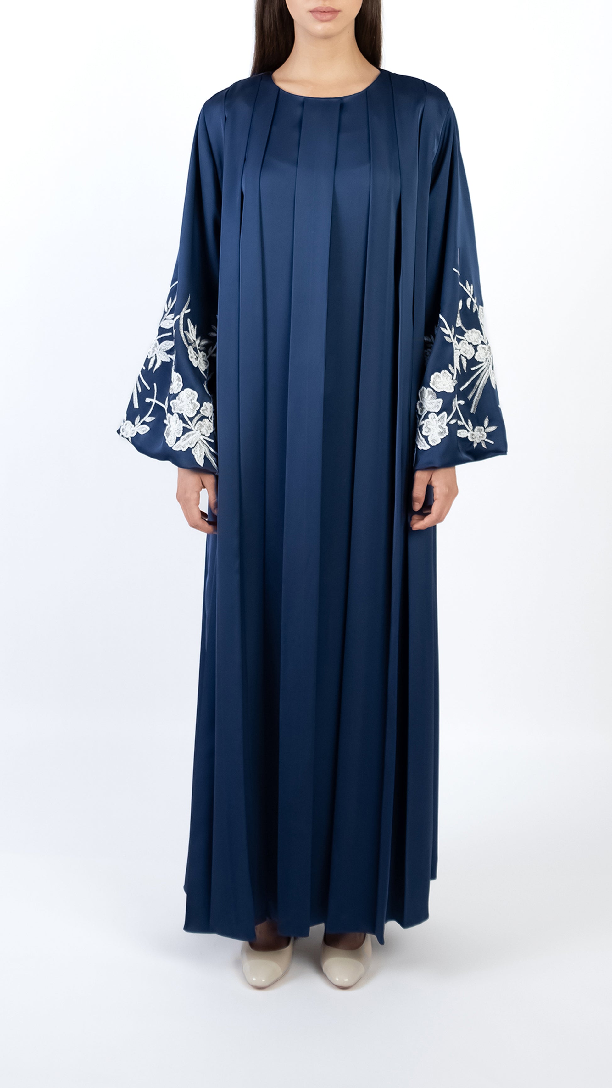 Floral Embroidered Lantern Sleeve Pleat Dress | Shatha Essa M Floral Embroidered Lantern Sleeve Pleat Dress | Shatha Essa M