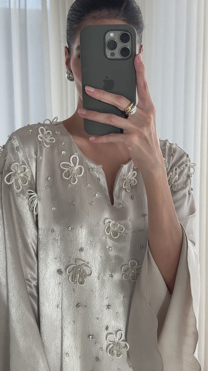 Cord Flower Embellished Split Neck Dress