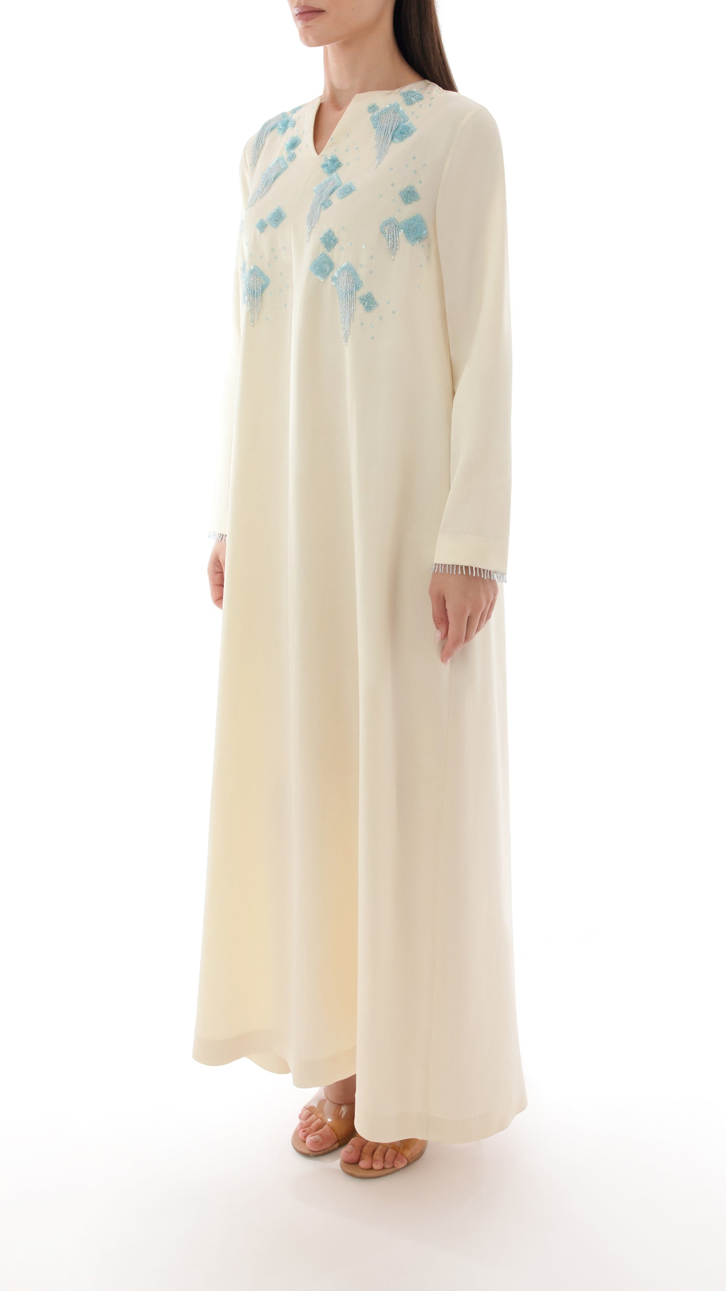 Embroidered Tassel Detail Split Neck Dress