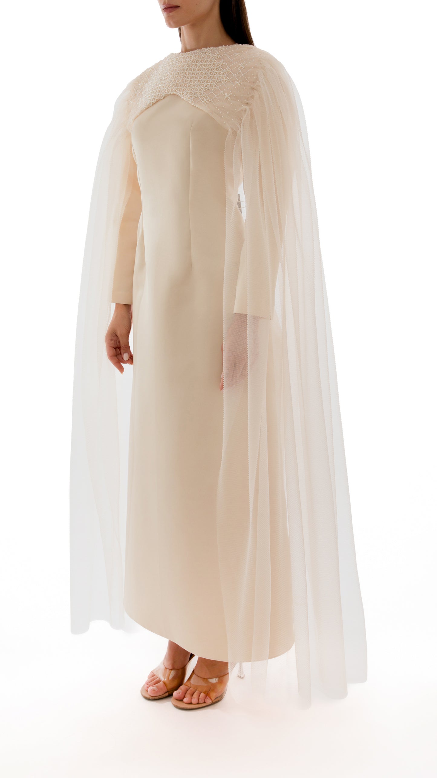 Embellished Pleated Tulle Cape and Evening Dress Ensemble