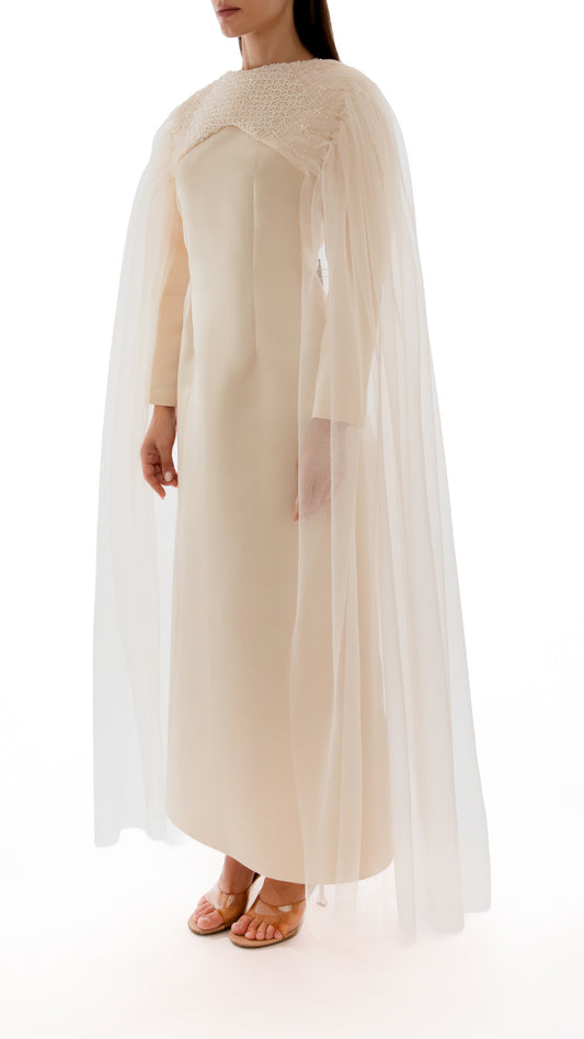 Embellished Pleated Tulle Cape and Evening Dress Ensemble