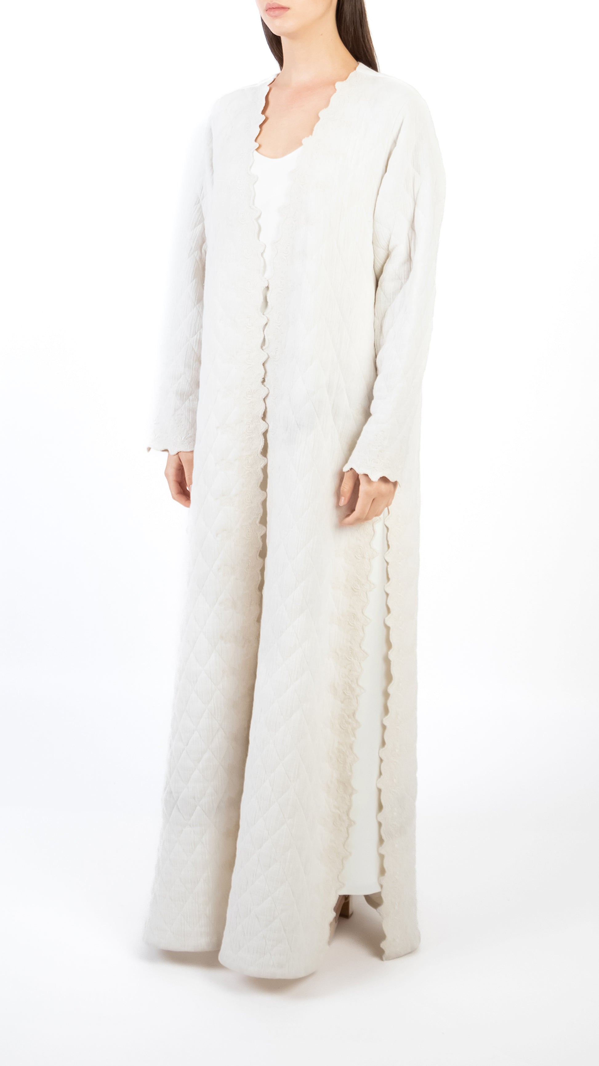 Scallop Embroidered Quilt Detail Long Coat