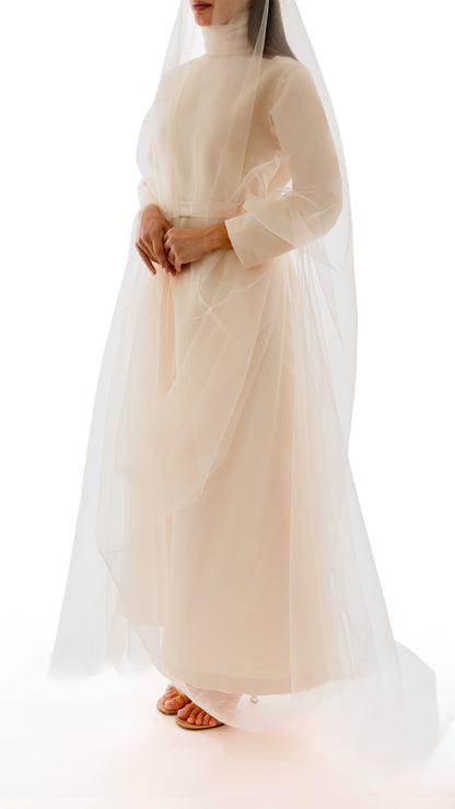 Gathered Neck Detail Evening Dress and Tulle Veil Ensemble